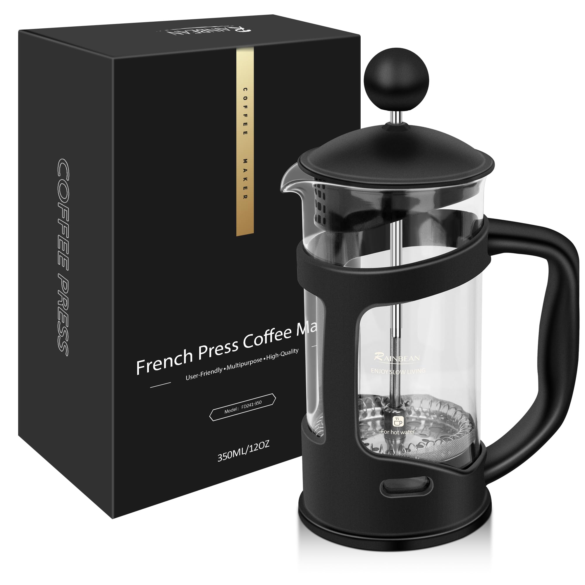 RAINBEAN Mini French Press compact-design in hand for a quick morning cup.