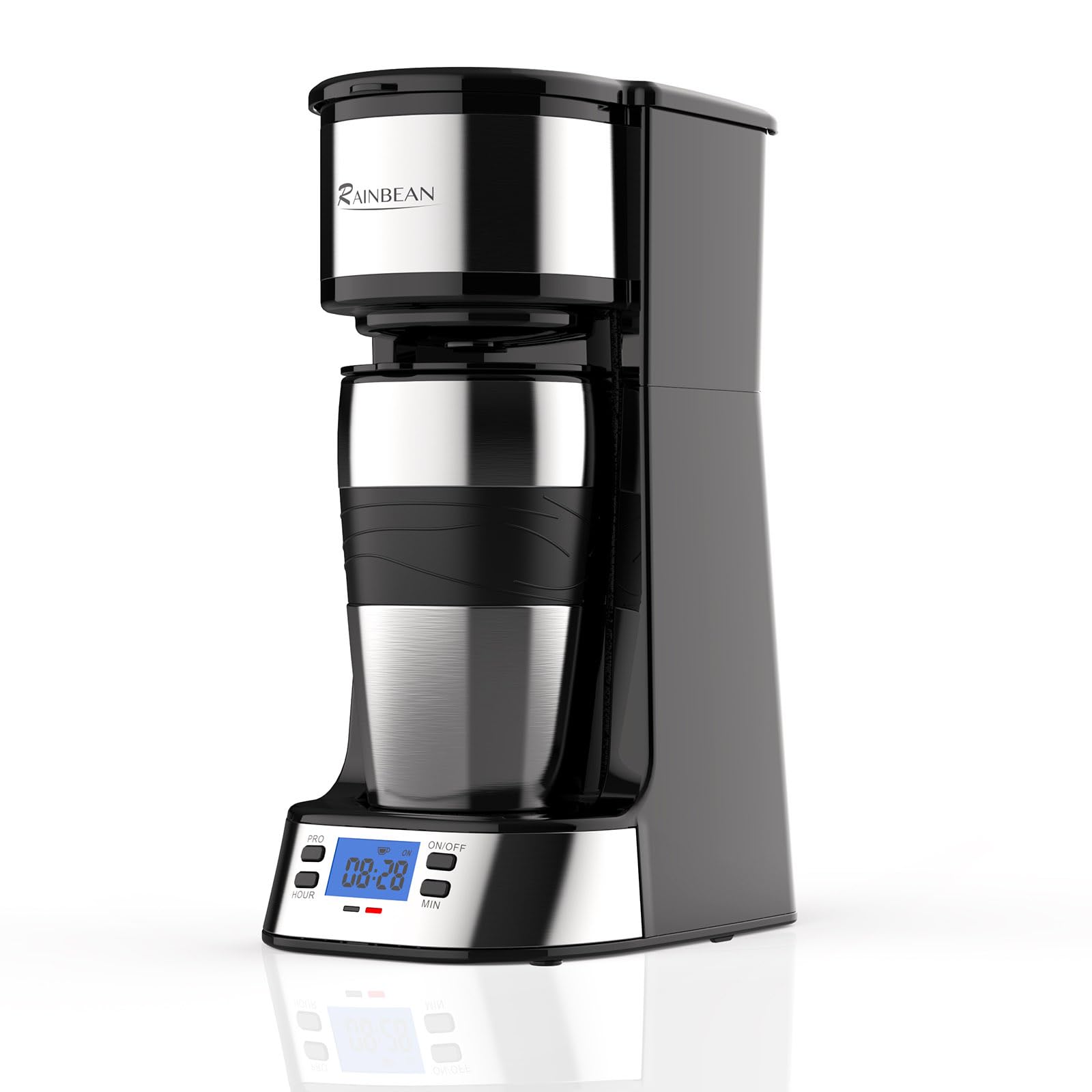 RainBean single-serve coffee maker front view with programmable display for easy scheduling.