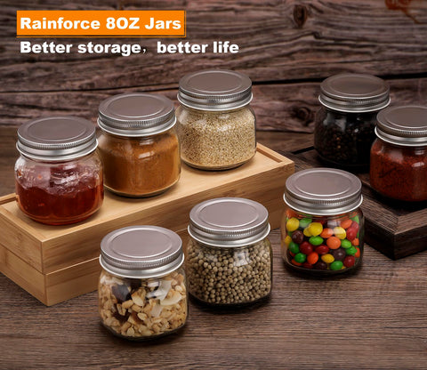 Rainforce 8 oz mason jar with airtight silver lid for fresh beverages.