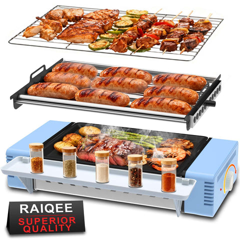 RAIQEE hot dog roller on blue unit, compact countertop design for family meals.