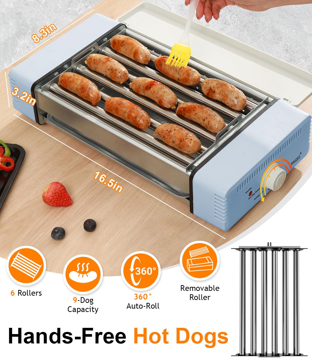 RAIQEE roller system holding nine sausages for crowds.