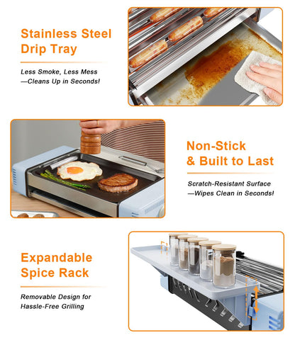 RAIQEE nonstick grate and pan for easy cleanup after grilling.