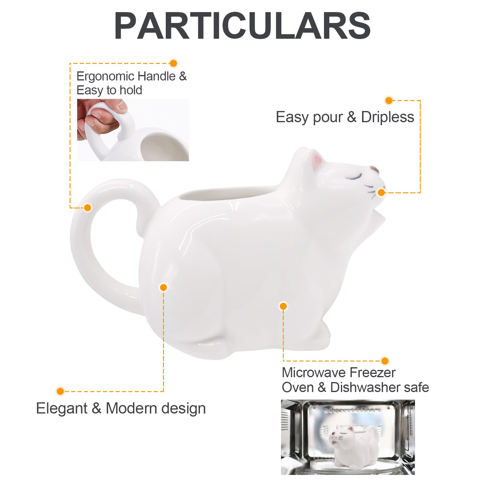 RAISLY cat gravy boat showcased as microwave-safe for quick reheats.