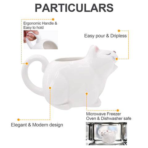 RAISLY cat gravy boat showcased as microwave-safe for quick reheats.