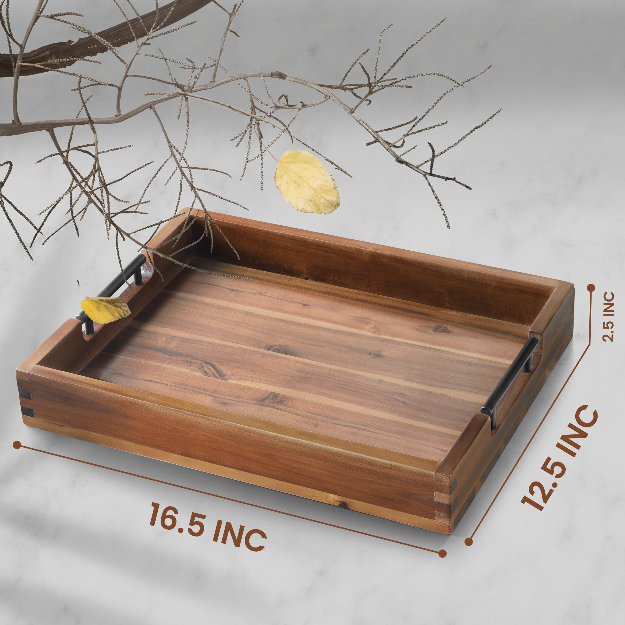 Rakyto acacia wood tray on a coffee table for breakfast with ease.