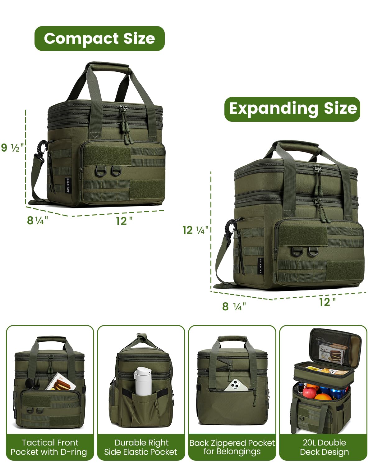 RalChyez lunch bag dual compartments illustrate hot and cold separation for meals