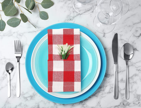 Ramanta Home check-pattern napkins suited for holiday gatherings and festive tables.