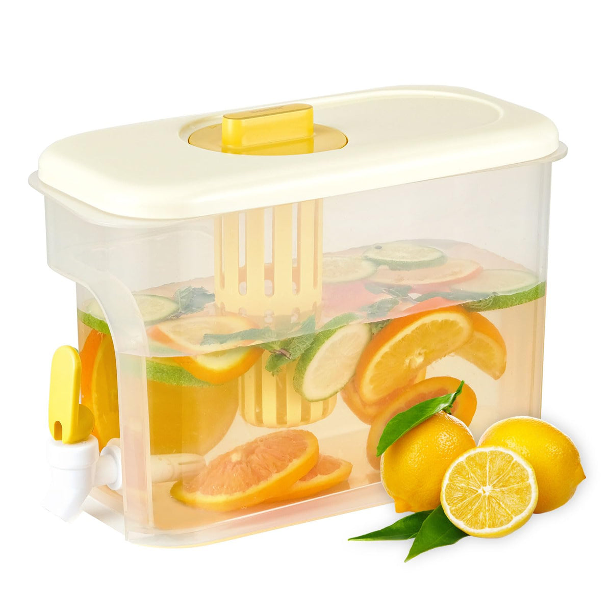 RAMFIYN 1-gallon drink dispenser inside fridge with spigot for easy, mess-free pours.