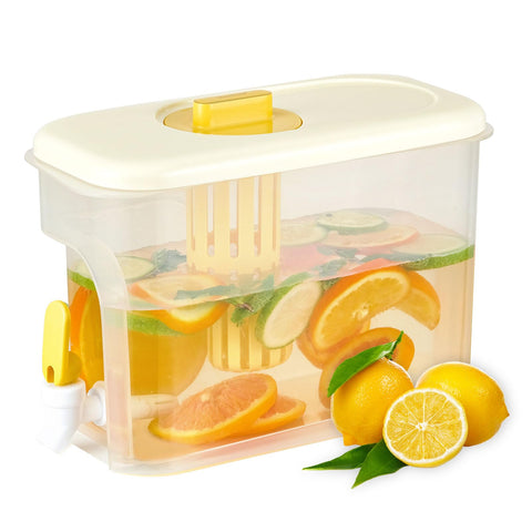 RAMFIYN 1-gallon drink dispenser inside fridge with spigot for easy, mess-free pours.