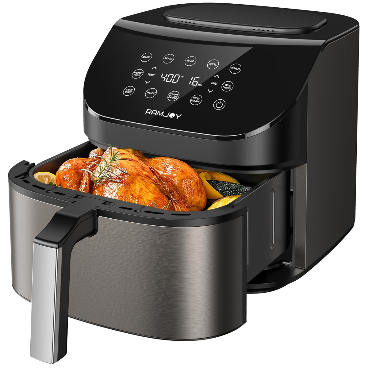RAMJOY Air Fryer 6.8 Qt front view, ideal for quick family meals.