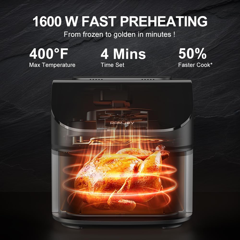 RAMJOY Air Fryer fast preheat feature, ready in minutes.