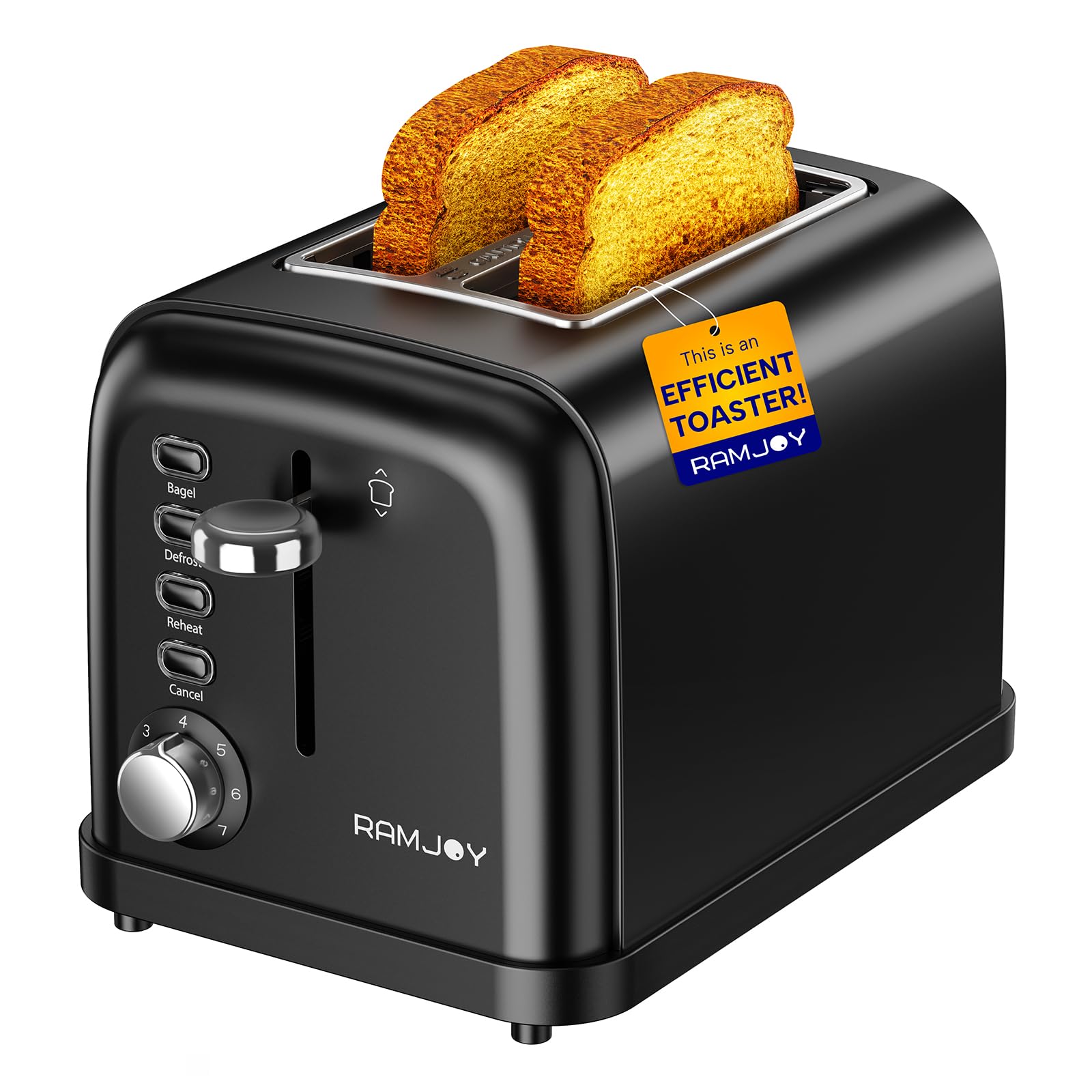 RAMJOY Black Toaster 2-Slice front view with compact design saving counter space.