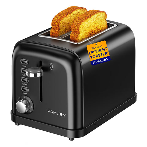 RAMJOY Black Toaster 2-Slice front view with compact design saving counter space.