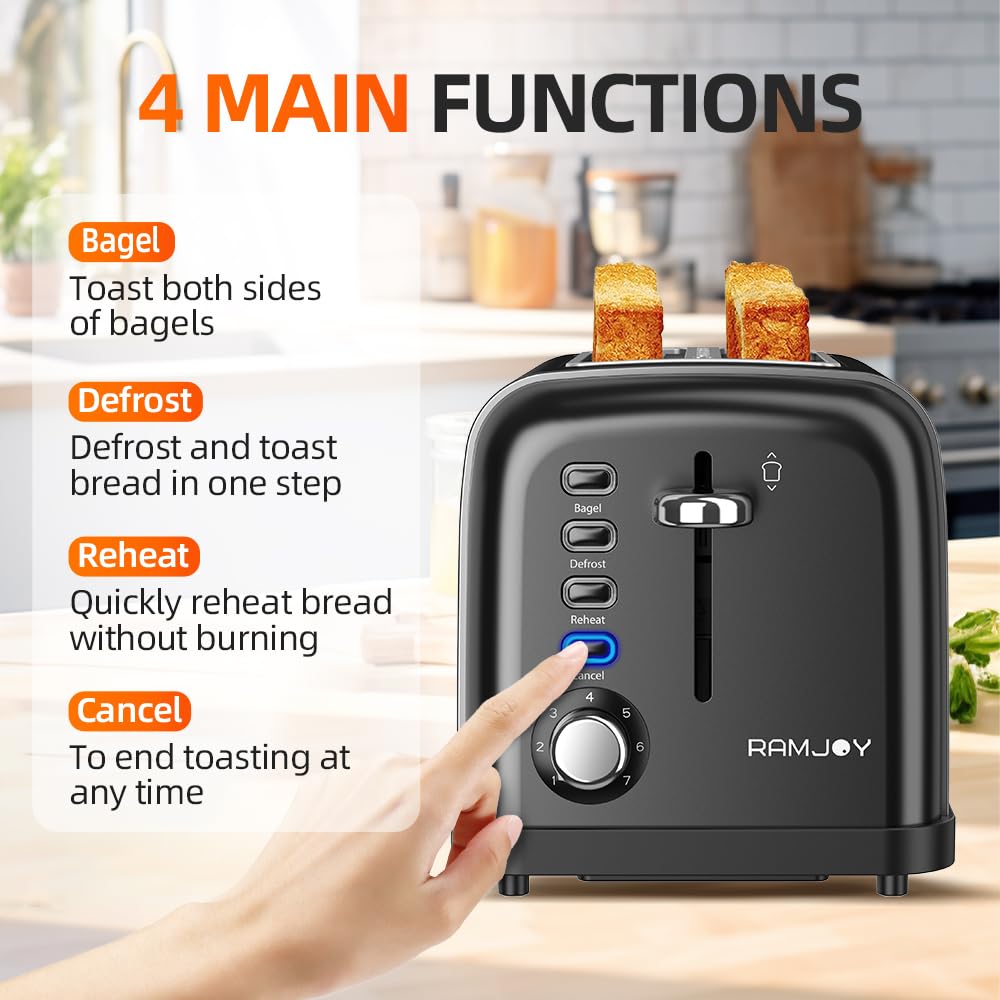 RAMJOY Black Toaster bagel mode for crisp exterior and soft interior.