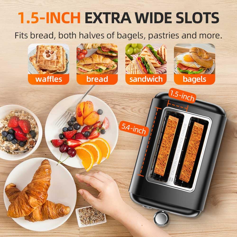 RAMJOY Black Toaster defrost and reheat options for convenient morning toasting.