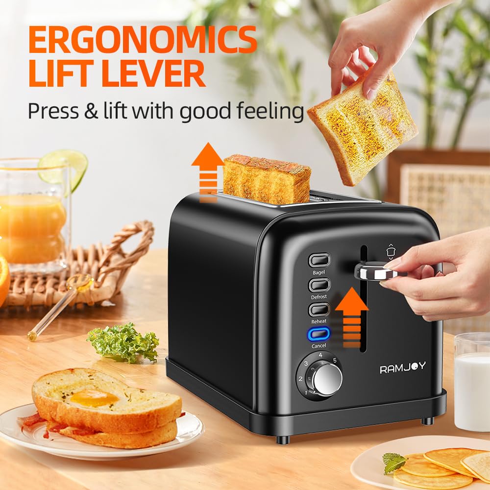 RAMJOY Black Toaster ergonomic lift lever reduces effort when loading bread.