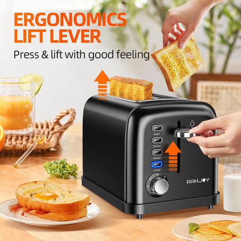 RAMJOY Black Toaster ergonomic lift lever reduces effort when loading bread.