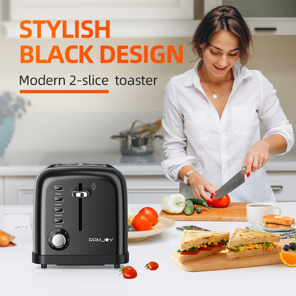 RAMJOY Black Toaster wide slots ideal for bagels and thick bread.
