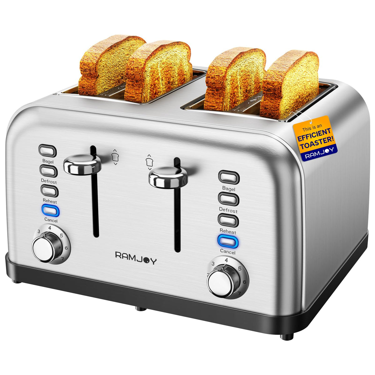 RAMJOY Toaster 4 Slice front view in brushed stainless steel with wide slots for even browning
