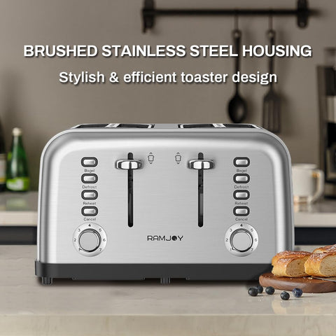 RAMJOY Toaster 4 Slice inner slot close-up showing 1.45-inch width to accommodate bagels