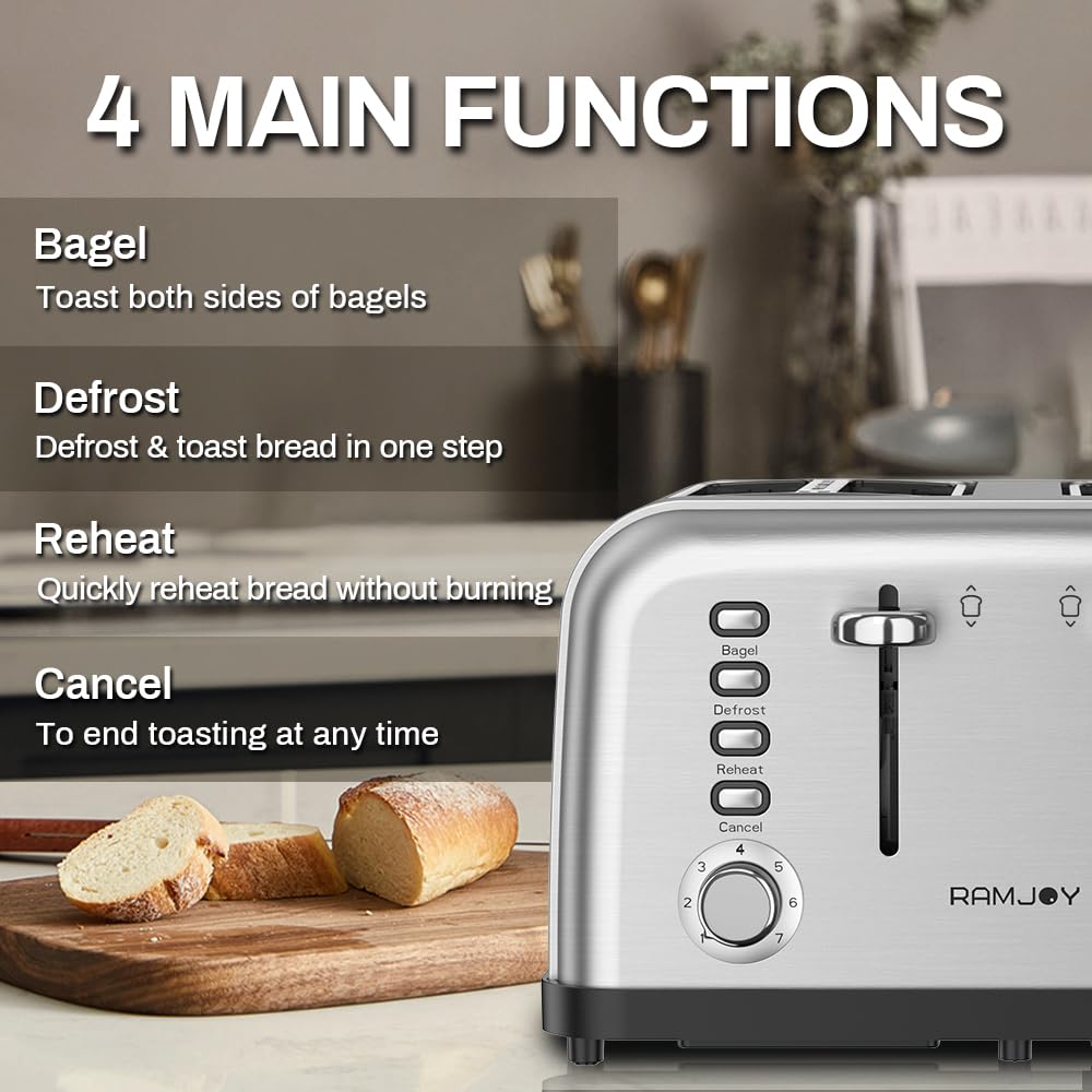 RAMJOY Toaster bagel, defrost, and reheat functions for versatile breakfast prep