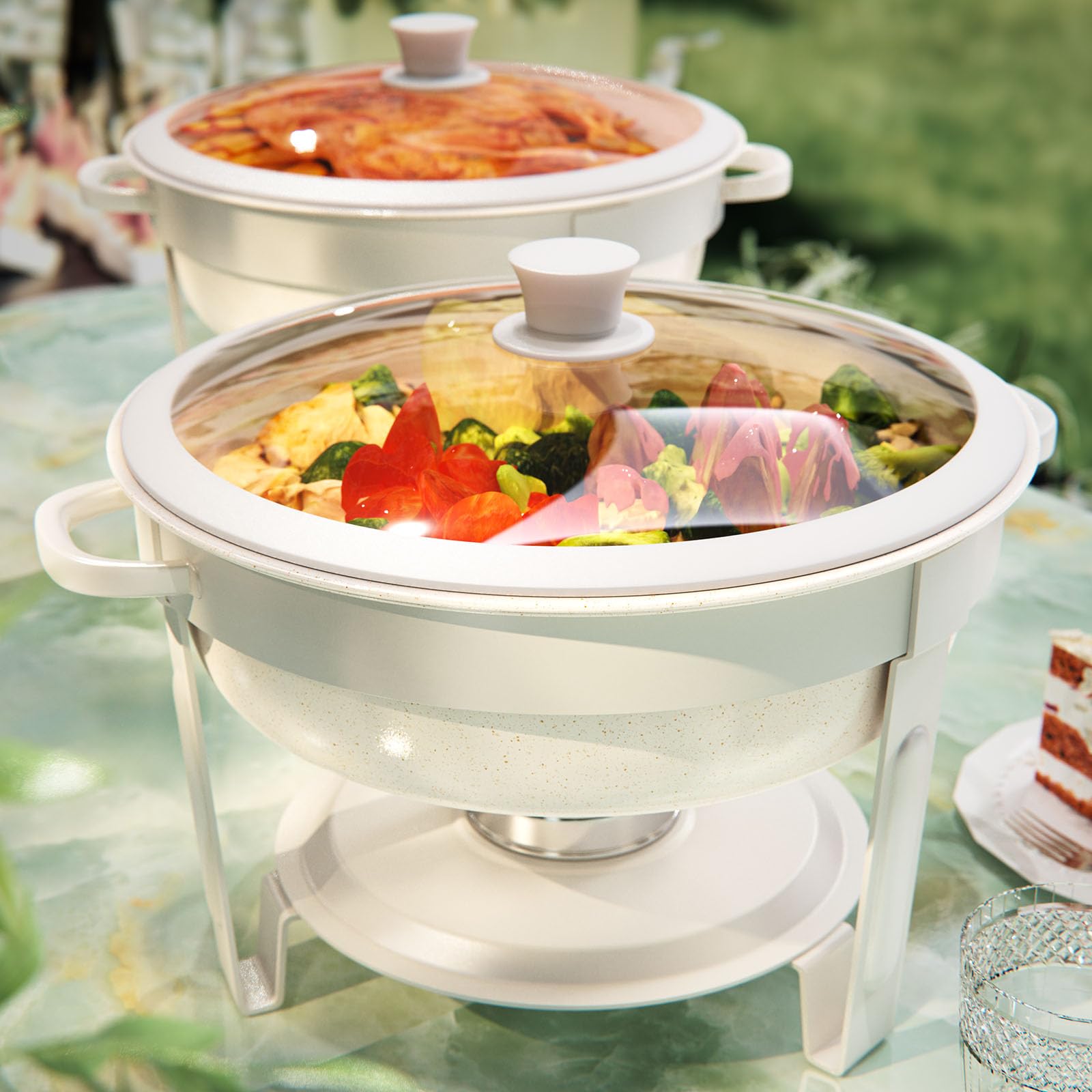 RAMVIC Maifanite-coated chafing dish set with natural finish and enhanced heat retention for buffets.