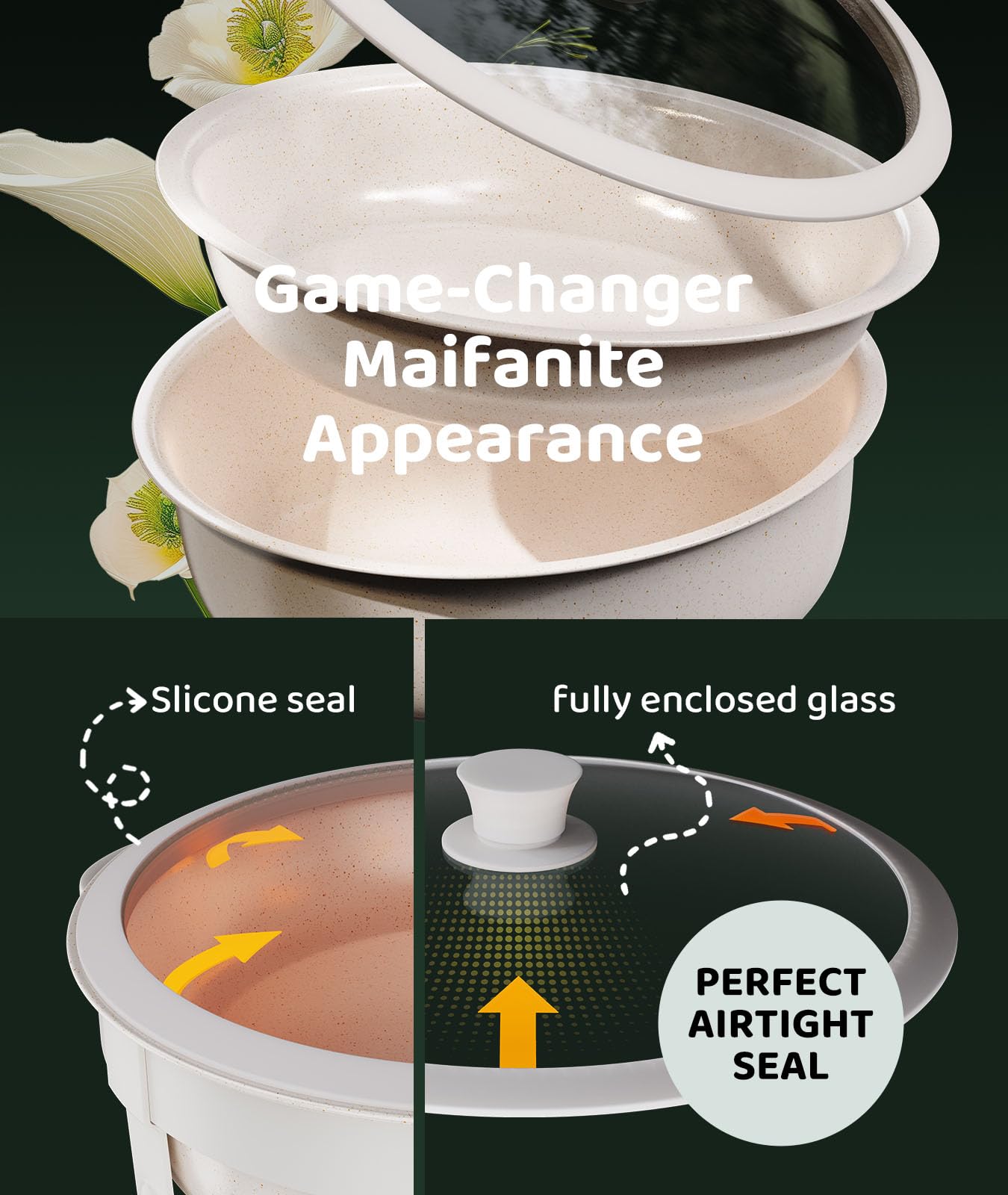 RAMVIC Maifanite-coated pan close-up reveals non-stick surface for easy cleaning