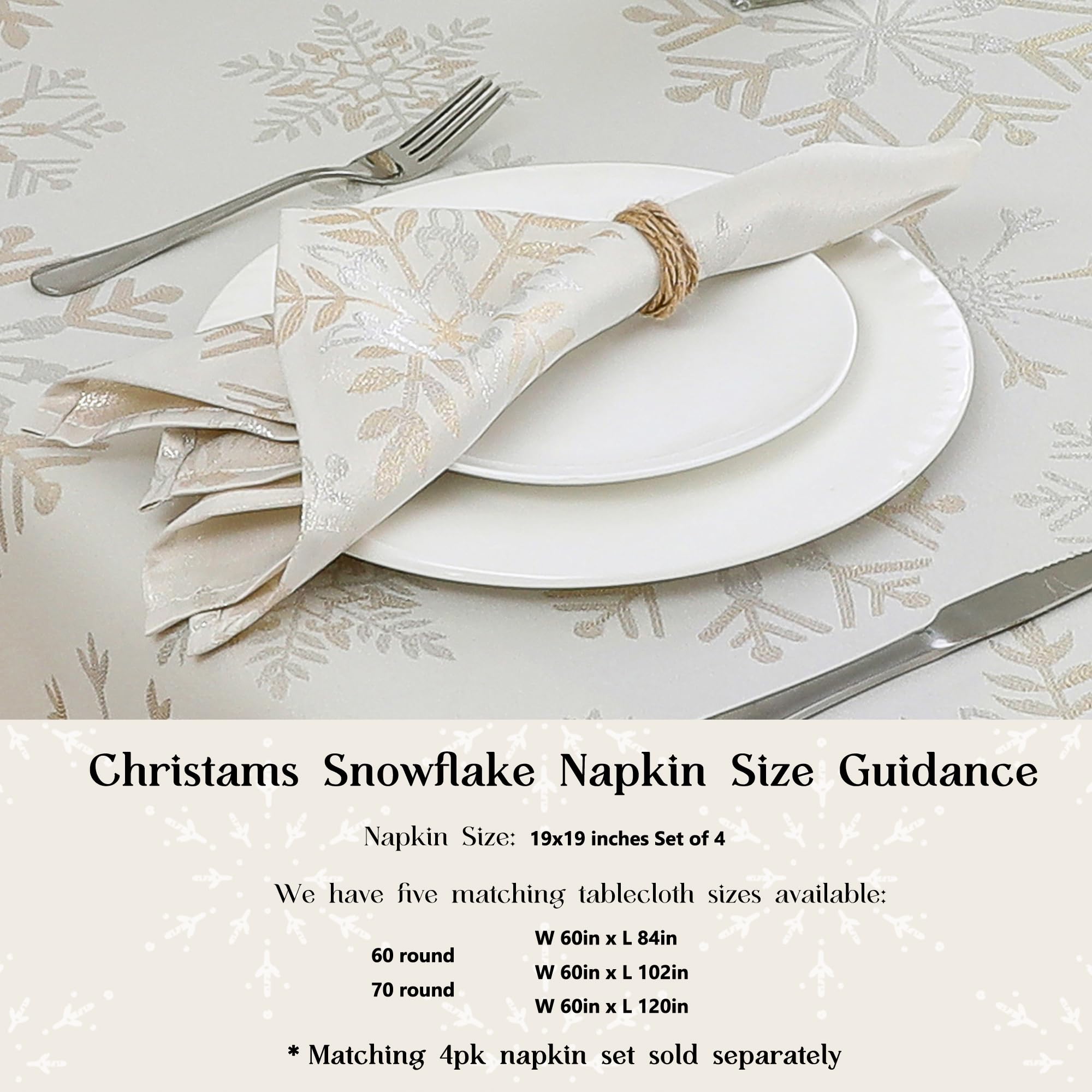 Randall Snowflake napkins 19x19 inches ideal size for gatherings.