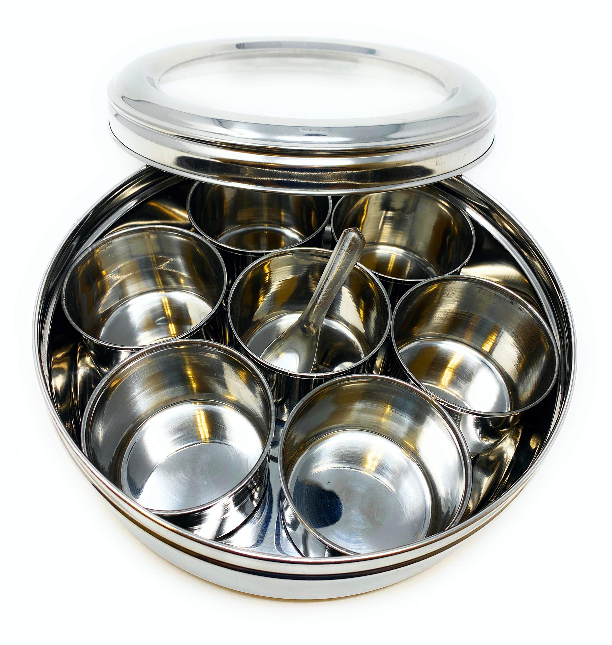 Rani Brand spice box interior shows seven compartments for organized masalas
