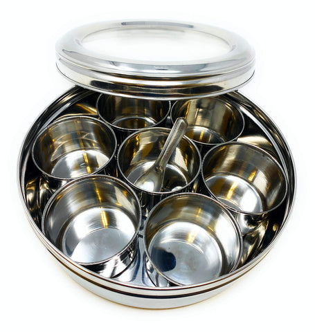 Rani Brand spice box interior shows seven compartments for organized masalas