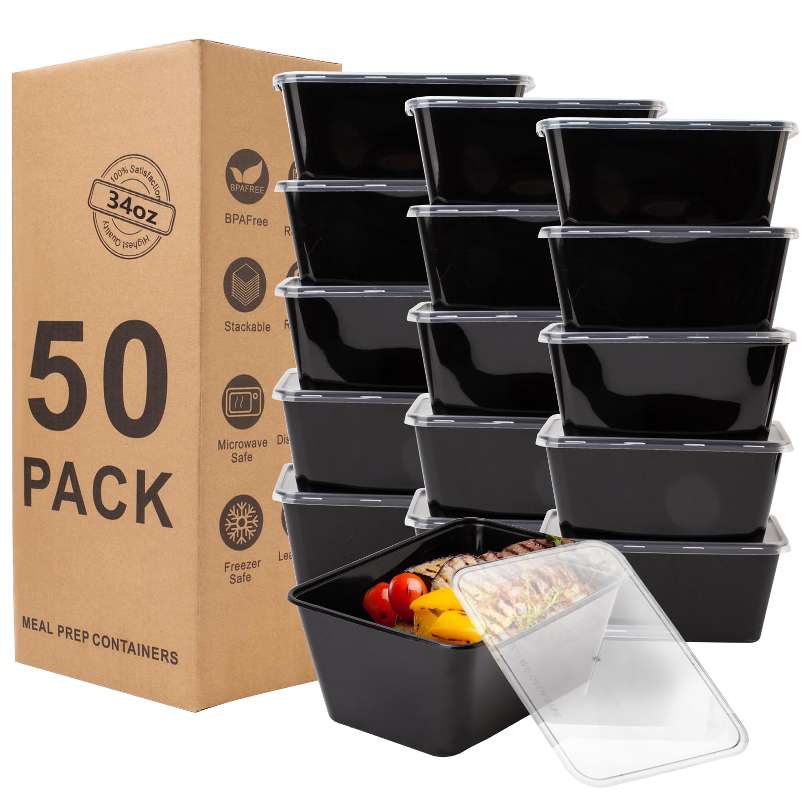 RANLITTLE meal prep containers 50-pack, 34oz for weekly planning