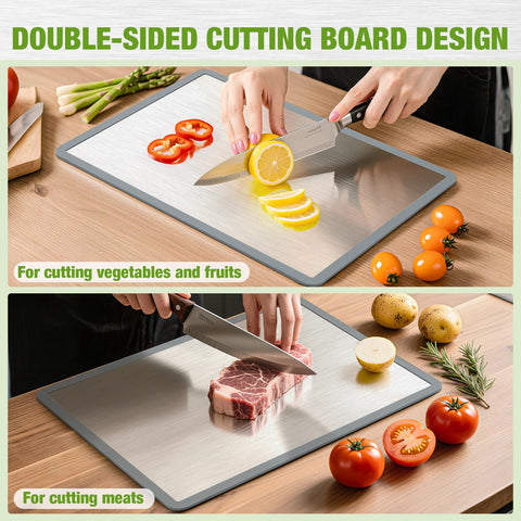 RAOOKIF double-sided stainless board offers hygienic separation for meat and produce.