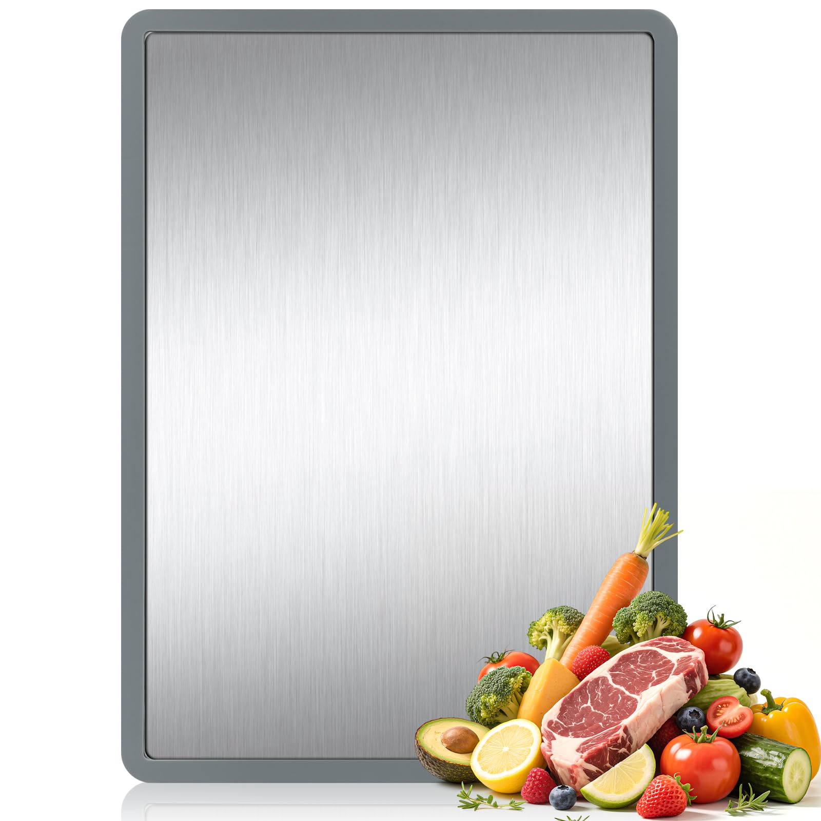 RAOOKIF heavy-duty cutting board with lip and anti-slip edge helps contain juices for cleaner countertops.