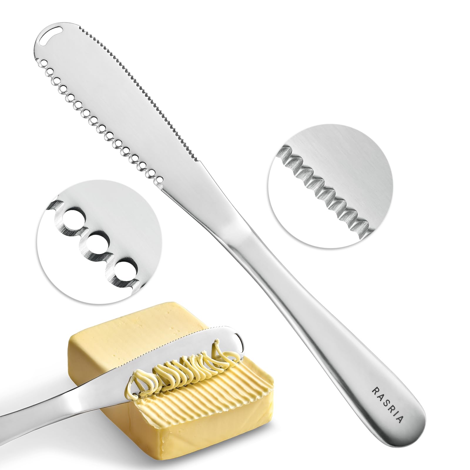 RASRIA butter spreader knife curls butter at 20℉ for delicate plating.