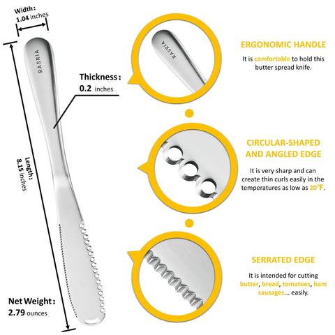 RASRIA butter spreader knife crescent-hole for thicker curls above 40℉.