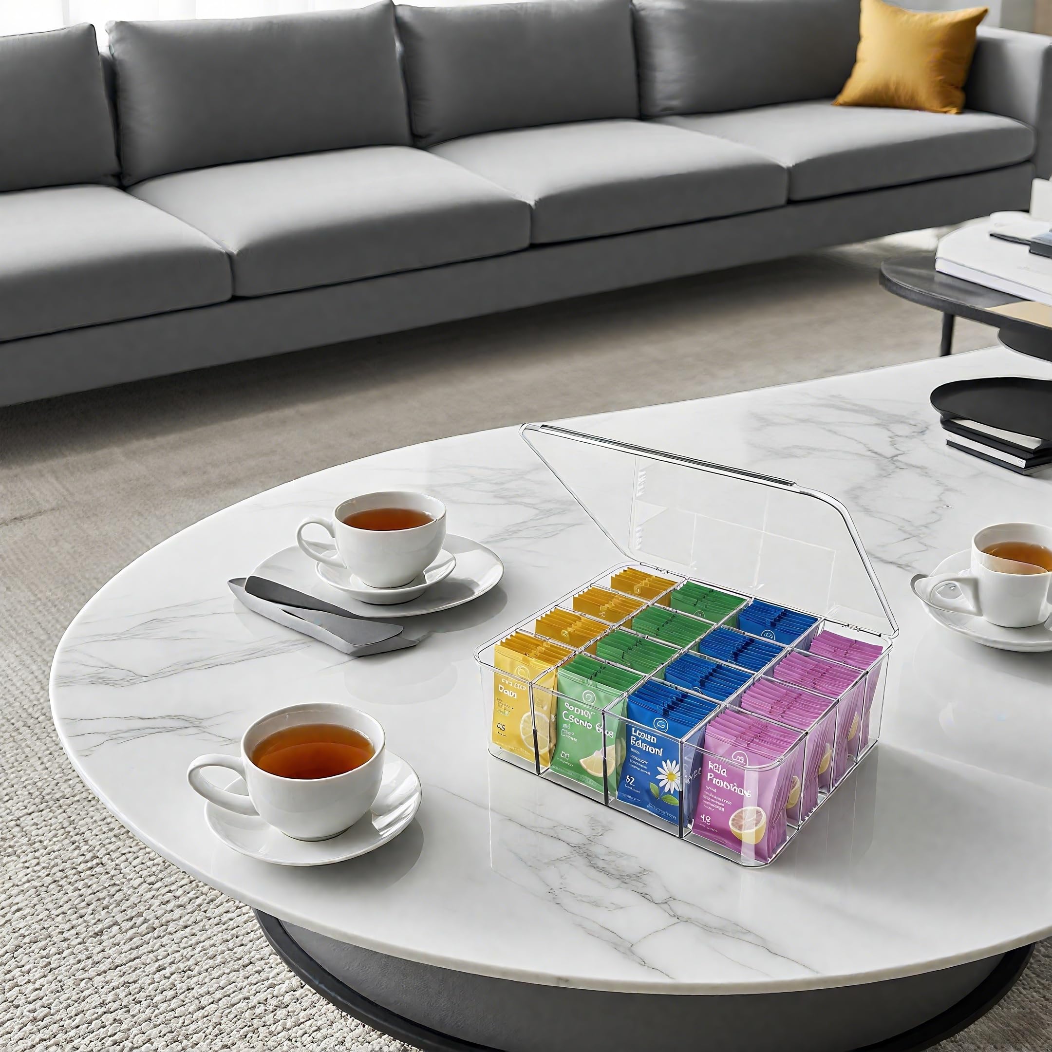 Rasydyn tea bag organizer provides clear visibility of items on the countertop.