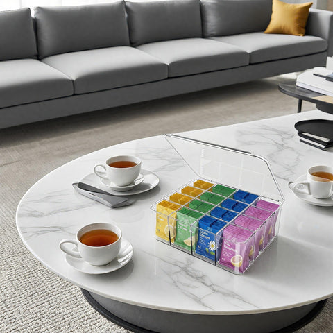 Rasydyn tea bag organizer provides clear visibility of items on the countertop.
