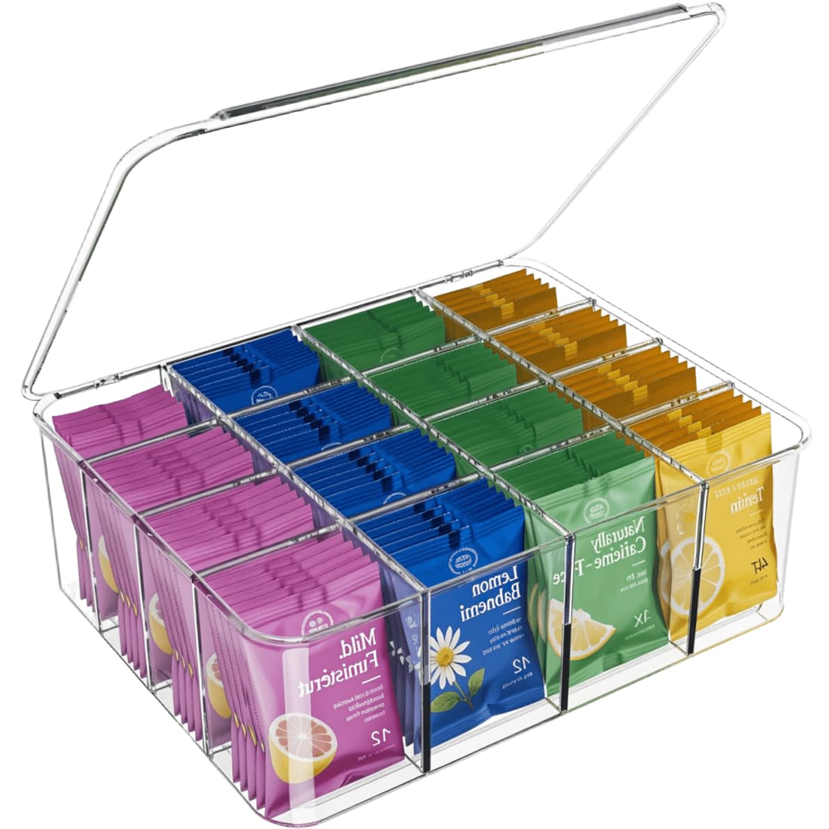 Rasydyn tea bag organizer with lid for easy tea access and stackable storage.