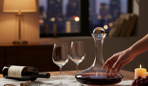 Ravenscroft hand-blown European decanter featuring a crystal spherical stopper.