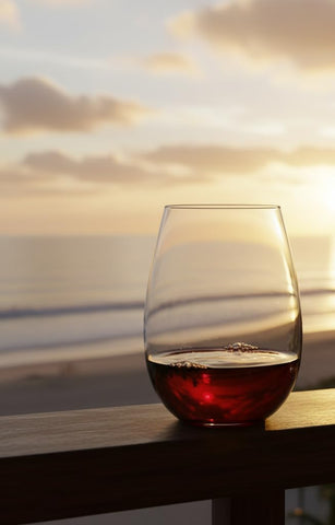 Ravenscroft stemless wine glass side view showcases balanced feel and easy handling