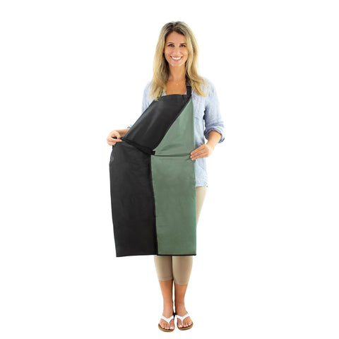 Ravill waterproof apron front view in black, showing durable vinyl coating for messy tasks