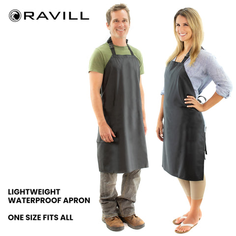 Ravill waterproof apron with 40-inch waist ties demonstrates adjustable fit for all sizes