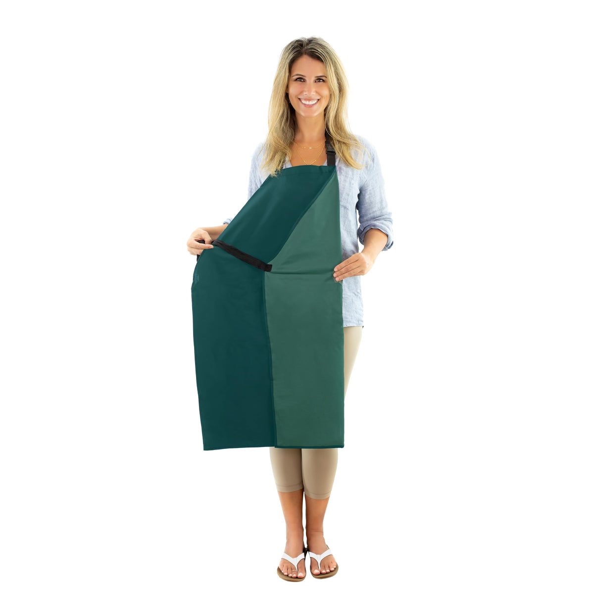 Ravill waterproof apron front view shows its green color and coverage.