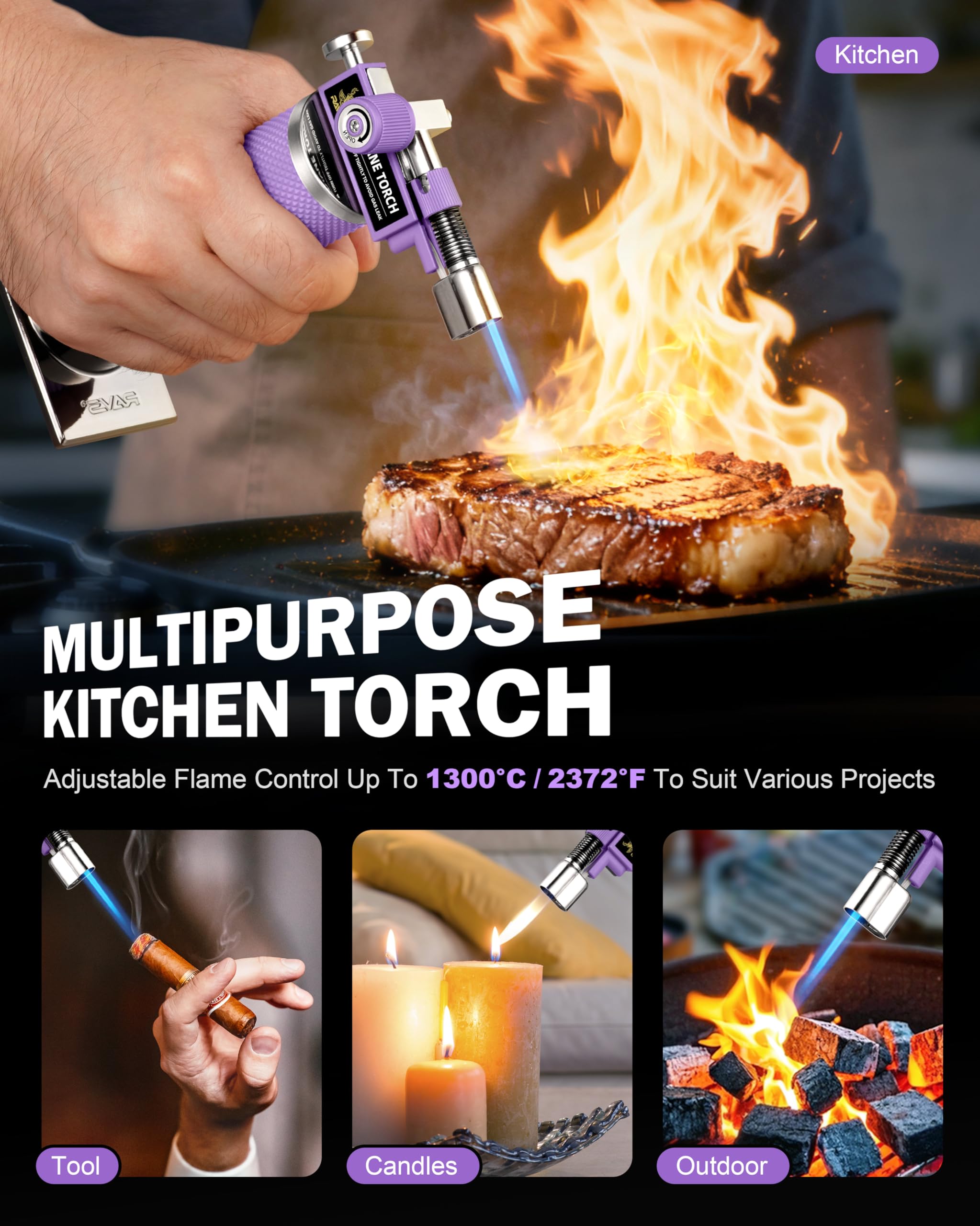 RAVS creme brulee torch enables caramelizing sugar for desserts.