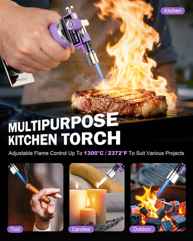 RAVS creme brulee torch enables caramelizing sugar for desserts.