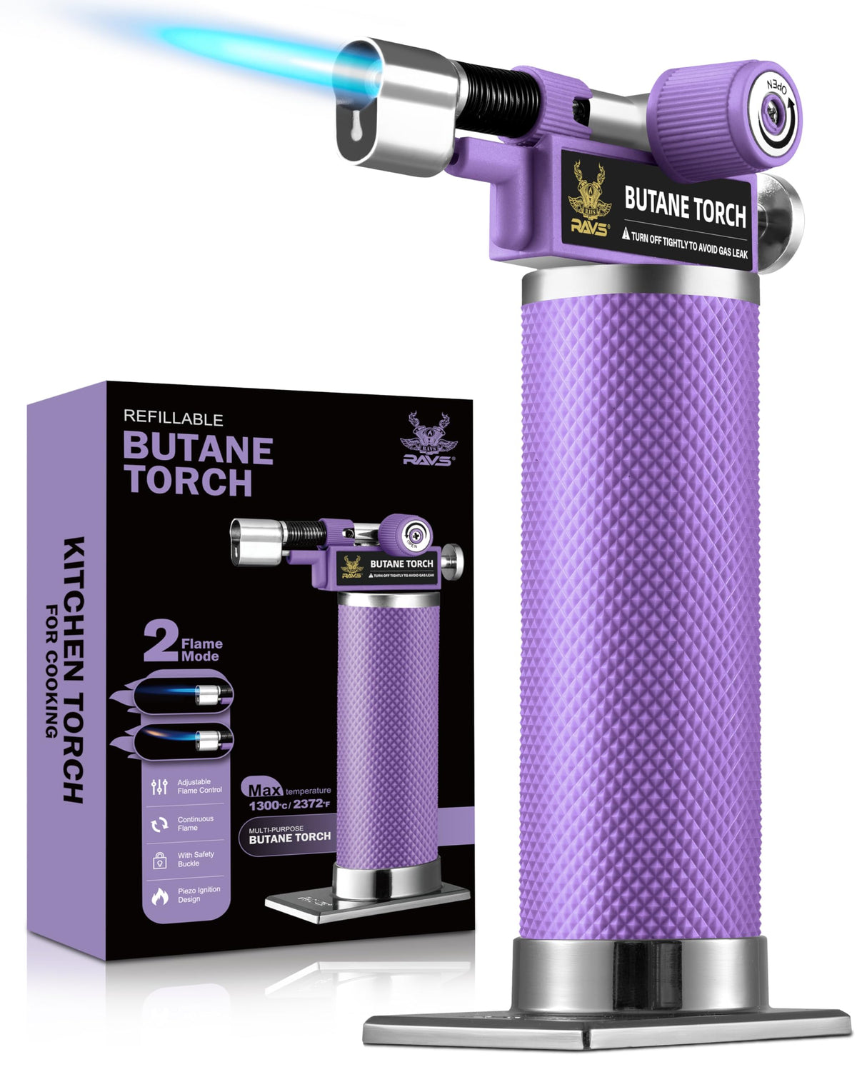 RAVS butane torch showing dual flame mode for versatile heating tasks.