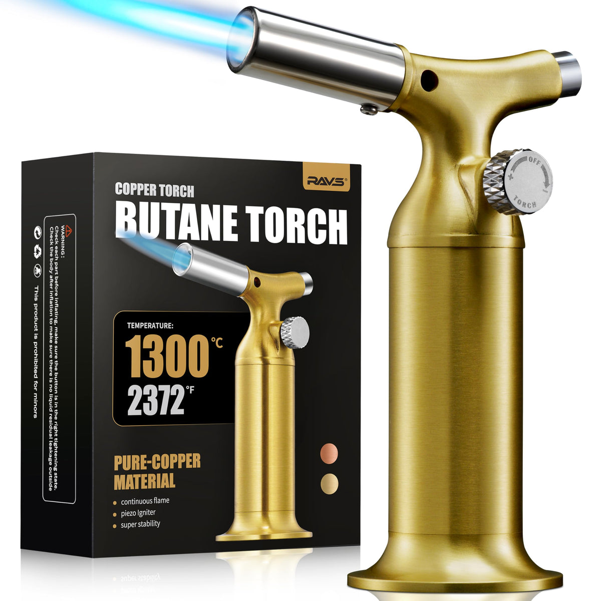 RAVS copper torch lighter body showing durable copper construction and grip for precise control.