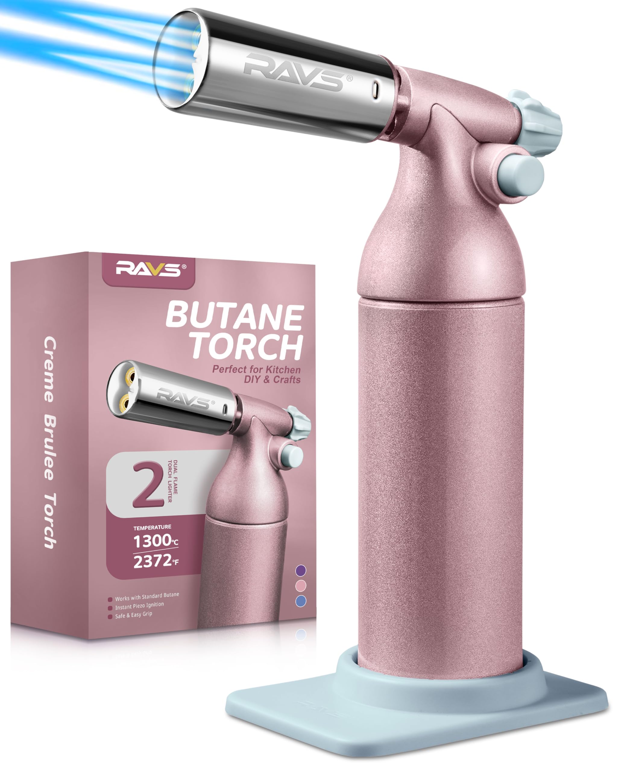 RAVS double-flame torch for creme brulee caramelization and precise heat control