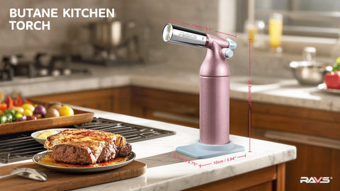 RAVS kitchen torch with piezo ignition for one-handed operation