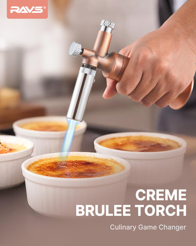 Ravs pink Creme Brulee torch dual flame enables caramelizing and dessert finishing.